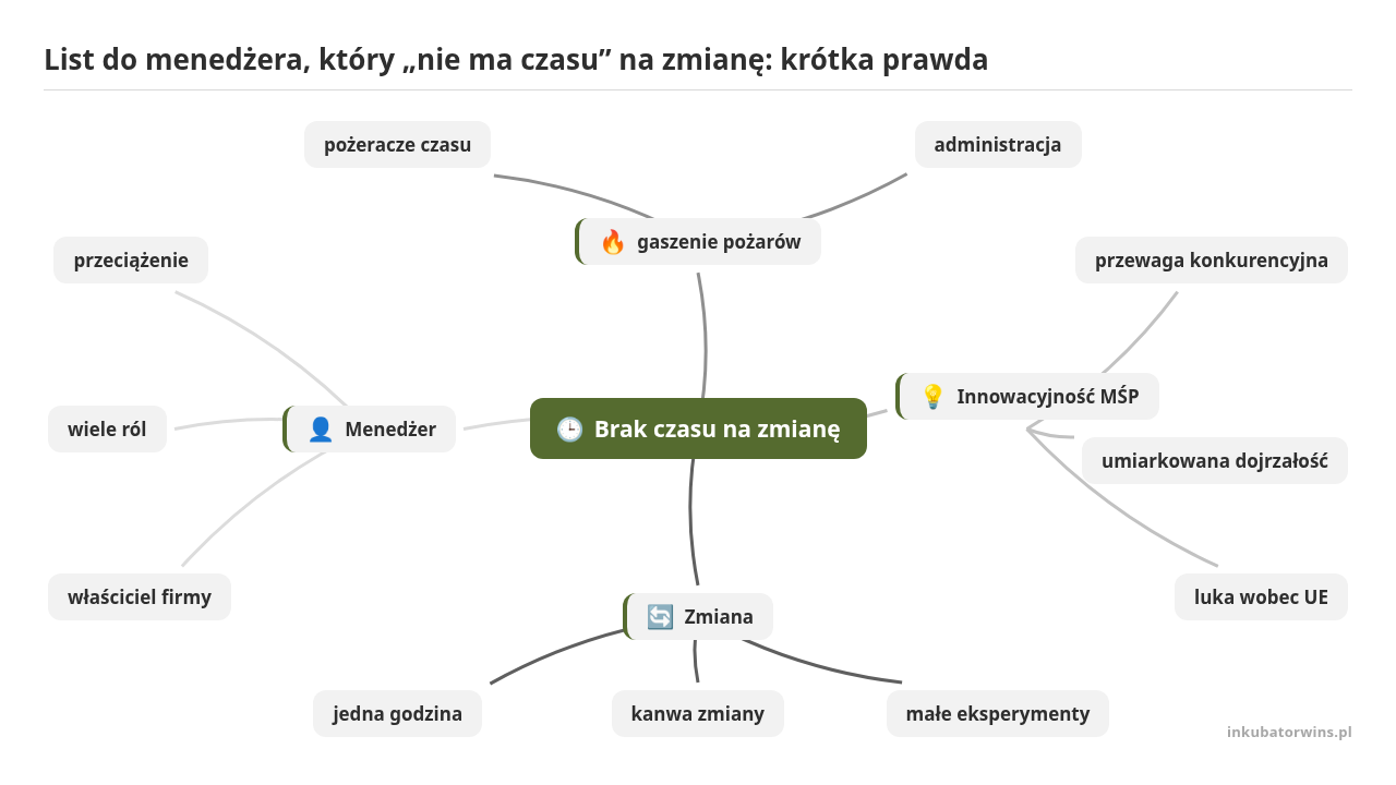 Mapa myśli: Brak czasu na zmianę, gałęzie: gaszenie pożarów, Innowacyjność MŚP, Zmiana, Menedżer